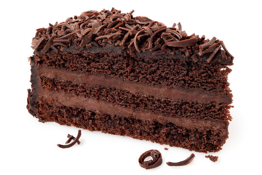 Slice of chocolate cake with cream filling and chocolate shavings.