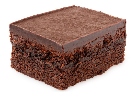Chocolate cake square with chocolate icing.