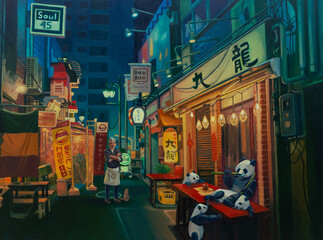 street in the city, pandas, japan, city, animals, restaurant