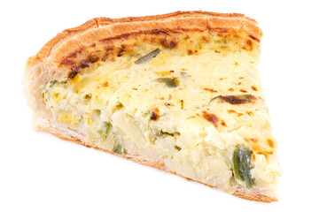 Slice of leek and emmental quiche isolated on white.