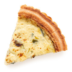 Slice of leek and emmental quiche isolated on white from above.