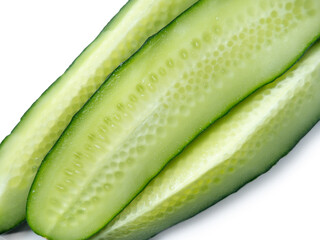 Sliced ​​cucumber on a white background. Vegetable isolate. Healthy diet. Cucumber cut lengthwise.