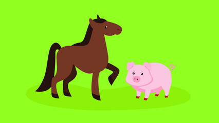 Horse with raised hoof and pig
