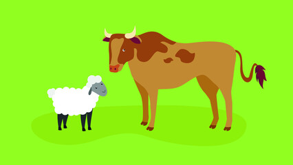 Brown Spotted Cow and White Sheep