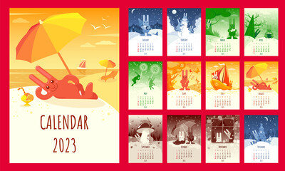Obraz premium Calendar 2023 with the symbol of the year a cheerful cartoon Rabbit with a cover and 12 pages