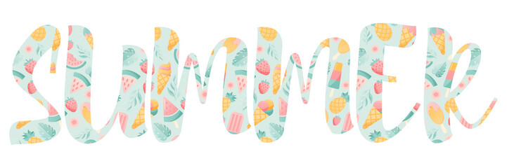 Summer sign. Pattern with fruits and ice cream.