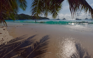 Beautiful sight on the beach of Anse Lazio, Praslin Island, Seychelles