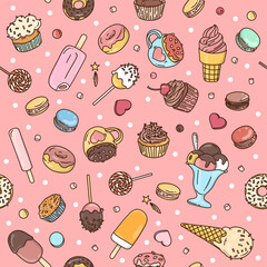 Seamless pattern with sweets, ice cream, cupcakes, macaroons in doodle style. Colorful vector illustration on pink background.