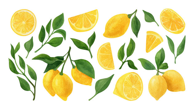 Lemon fruit watercolor clipart. Illustrations of lemon branch with green leaves