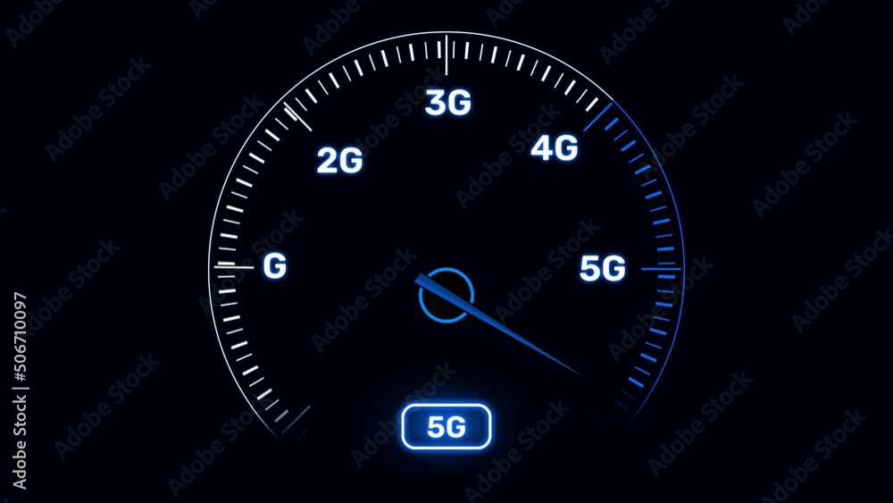 Poster 5g internet speed testing meter animation with glowing text 4k. modern technology testing backdrop
