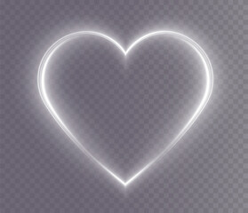 Heart white with flashes isolated on transparent background. Light heart for holiday cards, banners, invitations. Heart-shaped gold wire glow. PNG image