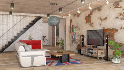 3d Illustration von einem Loft, mit großen hellem großes Wohnzimmer und einer großen Couch
