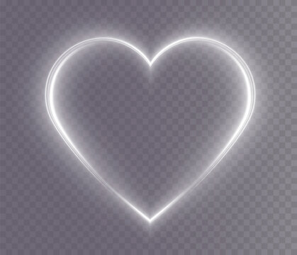 Heart white with flashes isolated on transparent background. Light heart for holiday cards, banners, invitations. Heart-shaped gold wire glow. PNG image