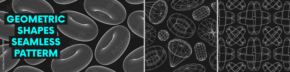 Poster Seamless pattern with linear form geometric shapes, strange wireframes distortion and transformation of figure, vector graphic design inspired by brutalism, set 3