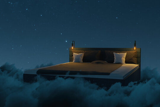 3d Rendering Of Cozy Bed Over Fluffy Clouds At Night