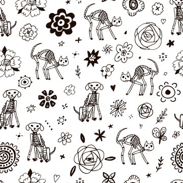 Mexican day of the death halloween skeletons cat and dog vector line seamless pattern