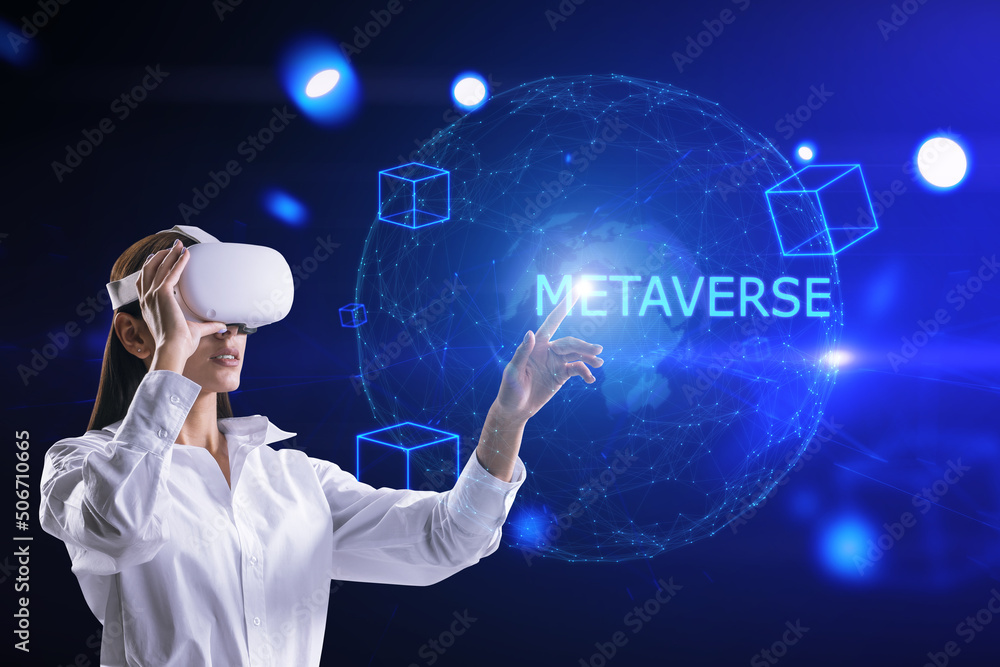 Poster virtual reality and global technology concept with digital metaverse sign on world map background an