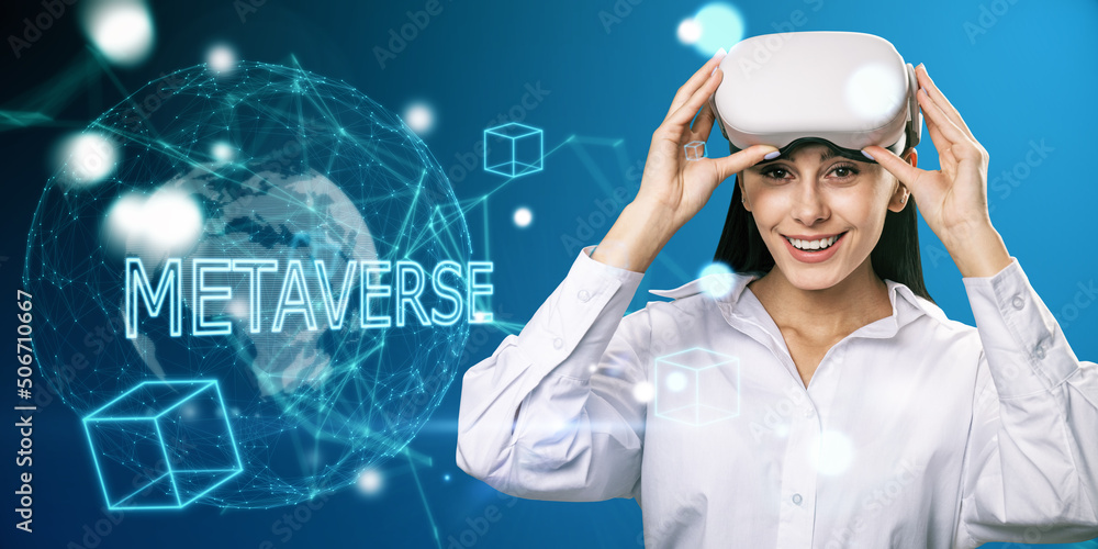 Poster virtual reality and global technology concept with digital metaverse sign on world map background an