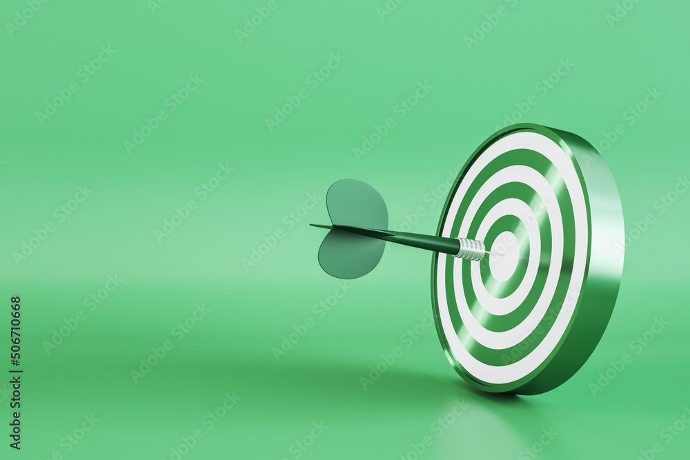 Poster green arrow on bullseye in target of dartboard on blank green wallpaper, opportunity challenge and a