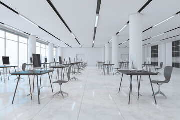 Fototapeta na wymiar Light open space office with monochrome interior design, dark color work places with modern computers on tables, white marble floor and huge windows. 3D rendering