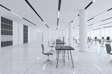 Fototapeta na wymiar Side view on black color workspaces in monochrome style spacious coworking office with LED lamps on top, white columns and glossy marble floor. 3D rendering