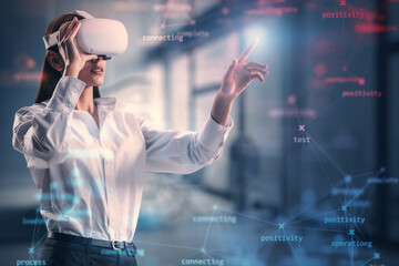 Virtual technology and metaverse concept with young woman in VR headset glasses and digital data...