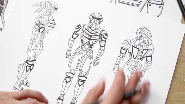 The illustrator draws sketches of robot computer game characters. The artist creates a design of cyborgs.