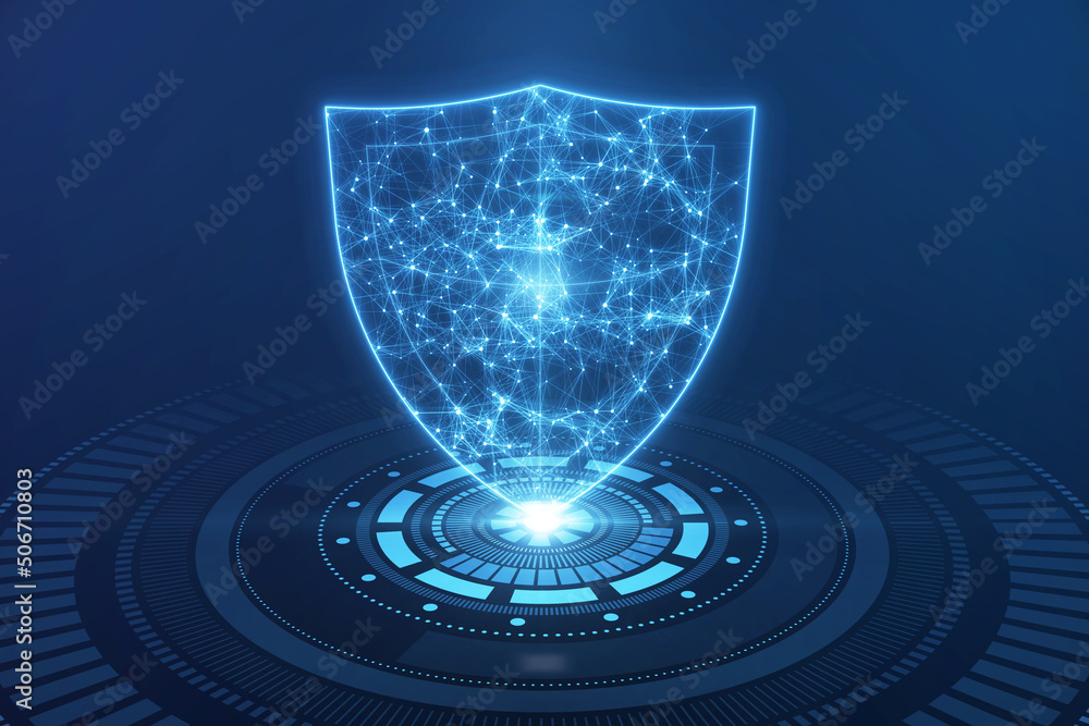 Aufkleber Data and information security concept with digital glowing shield on abstract technological button. 3D rendering
