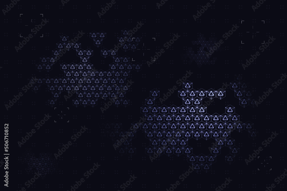 Poster Abstract technological dark background with part of systematically situated small glowing triangles, greed for landing. 3D rendering