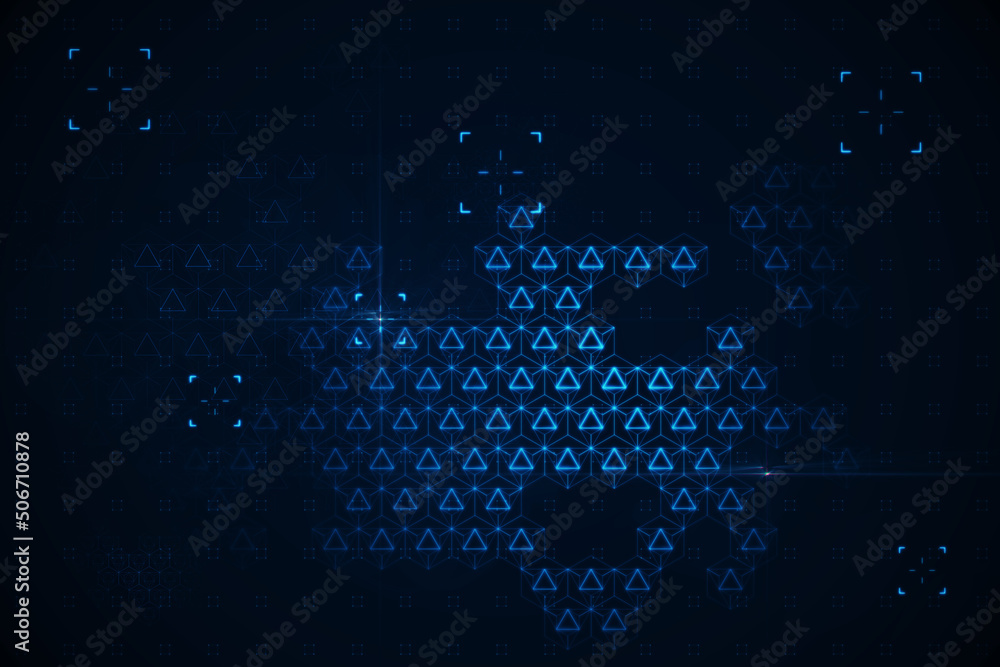 Poster abstract technological dark backdrop with blue glowing triangles in the center, greed for landing. 3