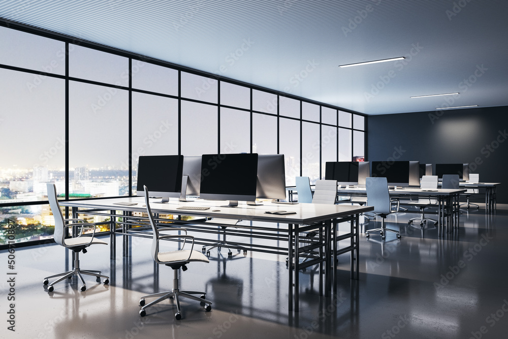 Aufkleber Perspective view on night open space office with stylish workspaces, modern computers, glossy floor and city view from huge window. 3D rendering