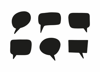 Speech, thought, speaking hand drawn text bubbles set. Talk clouds sketching. Doodle balloon shape. Drawn with a brush-pen in sketch style. Blank empty black speech bubble. Clouds. Stickers for tasks