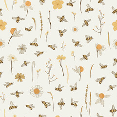 bees and flowers vector seamless pattern - 506710831