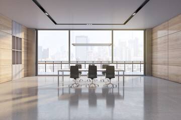 Front view on sunny big conference room with black chairs and wooden table on glossy concrete floor, wooden walls and city skyscrapers view from the window. 3D rendering