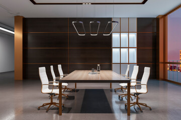 Side view on modern interior design in conference room with minimalistic furniture, dark walls, glossy floor and stylish chandelier on top. 3D rendering