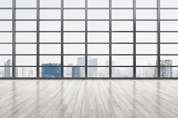 Great city view from big lattice window in empty spacious hall with wooden floor. 3D rendering