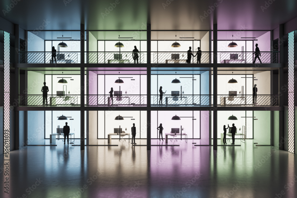 Poster Modern coworking office art project with three floors of parlors with colorful walls and people near every minimalistic work place in abstract spacious area with glossy floor