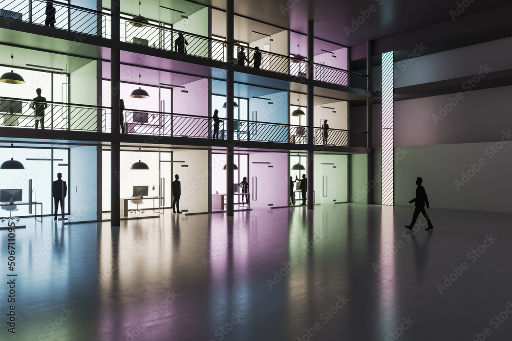 Aufkleber Perspective view on people in multi-storey showroom area based on three floors with colorful walls and minimalistic workspaces divided by partitions in spacious area with glossy concrete floor
