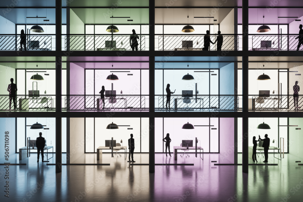 Aufkleber Front view on working people in separated office parlors based on three floors in the building with colorful walls and glossy concrete floor