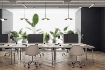Front view on coworking space in industrial interior design office with light chairs and modern computers on white tables, parquet floor and green plants behind mat glass wall. 3D rendering
