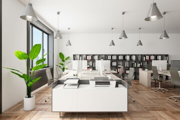 Side view on stylish white and grey work places with modern computers in spacious coworking office with green plants on wooden floor, white walls and modern lamps hanging from top. 3D rendering