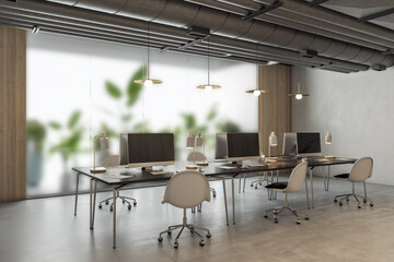 Perspective view on stylish row of work places in industrial interior design office with white chairs and modern computers on black tables, black pipes on ceiling and mat glass wall. 3D rendering