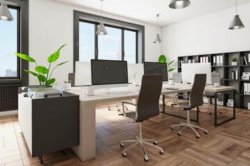 Perspective view on modern office interior design with coworking space, wooden tables and floor, black chairs and book case near white wall and big window. 3D rendering