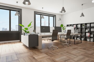 Perspective view on sunny stylish coworking office interior design with wooden tables and floor,...
