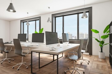 Side view on modern and comfortable work places with wooden tables and black chairs in sunny office with city view from big windows, wooden floor and green plant near white wall. 3D rendering