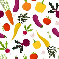 Vegetables isolated on white background in unique trendy organic style. Seamless pattern