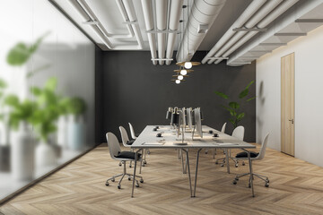 Modern sunny eco coworking office interior design with light furnished work places with modern laptops, parquet floor, light pipes on ceiling and green plants behind mat glass walls. 3D rendering