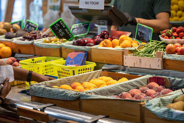 Great quantity of fresh fruits and vegetables on the market in Barcelona, Spain