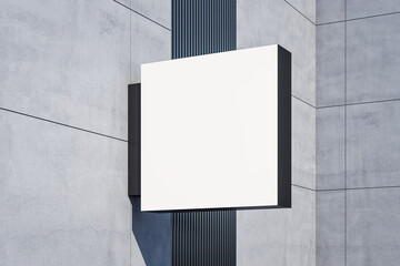 Perspective view on blank white illuminated square screen on modern building grey wall with place for your logo or company name. 3D rendering, mockup