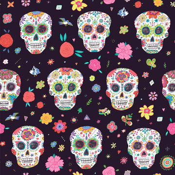 Mexican day of the death halloween skull vector seamless pattern